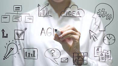Woman writing AGENDA on transparent screen. Businesswoman write on board.