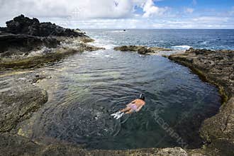 Natural pool at Mosteiros beach praia Mosteiros, Sao Miguel, Azores Islands, Portugal.
