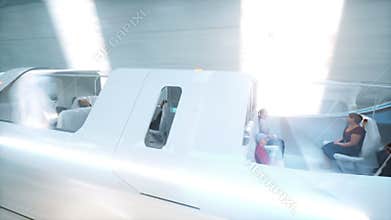 Futuristic flying bus with peoples fast driving in sci fi tunnel, coridor. Concept of future. Realistic 4k animation.