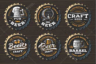 Set beer logo on caps - vector illustration, emblem brewery design