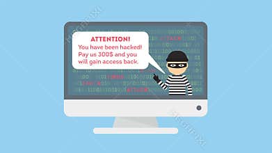 Funny cartoon thief in black mask stealing information from PC. cyber crime.