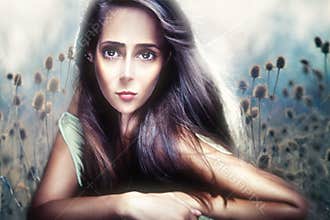 Beautiful woman portrait anime style composite