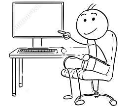 Vector Stick Man Cartoon of Man Pointing at Empty Computer