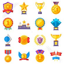 Trophy medals and winning ribbon success icons. Win awards vector winner symbols