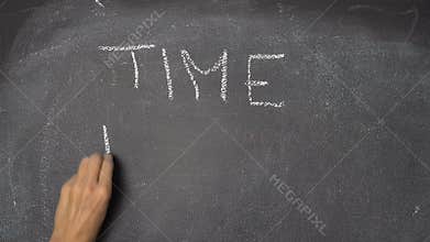 Hand writing TIME TABLE on black chalkboard