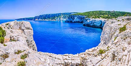 Cliff coastline wiht sand rocks near Alaties Beach, Kefalonia, Ionian islands, Greece