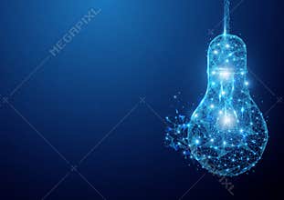 Low polygon light bulb wireframe mesh hanging on blue background