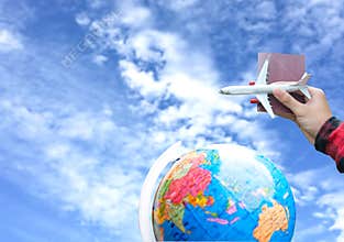 Tourist holding airplane flight travel and passport traveller fly travelling citizenship air on blue sky background