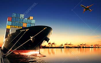 Container ship in import, export port against beautiful morning l