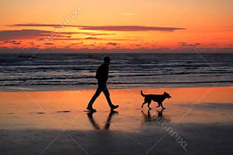 Man and dog walking at sunset