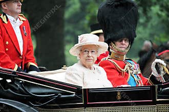 Queen Elizabeth II in carriage with Prince Philip for trooping the colour 2015 to mark th