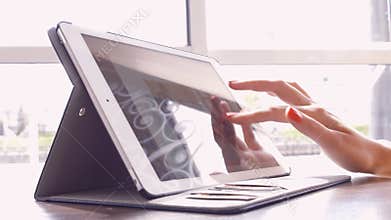 Woman in the cafe read news Stock Exchange