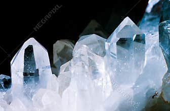 Rock crystals quartz cluster black background
