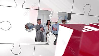 Key unlocking red piece of puzzle showing businesspartners