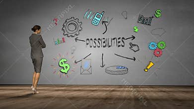 Businesswoman looking at wall with possibilities brainstorm