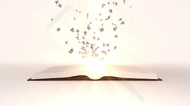 Book opening with flying golden letters