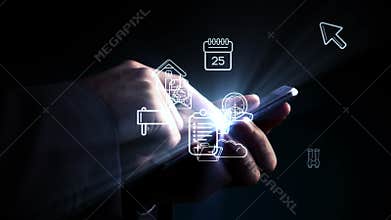 Man using smartphone with holographic apps