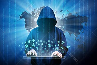 Computer hacker silhouette of hooded man