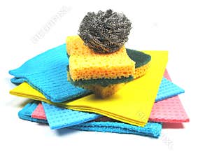 assortment of sponges and microfiber cloth needed for cleaning