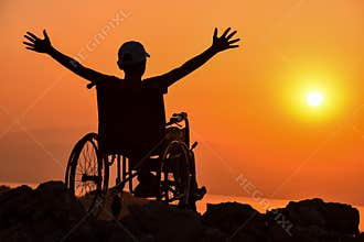 Disabled man ,handicaps and sunrise & happy and peaceful disability