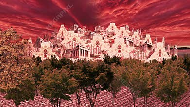 Trees and ancient buildings inside round stone land at sunset