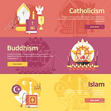 Flat design banner concepts for islam, buddhism, catholicism. Religion concepts for web banners.