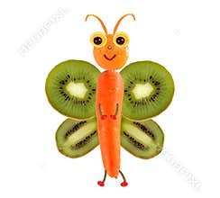 Creative food concept. Funny little butterfly made of fruits and