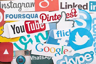 KIEV, UKRAINE - AUGUST 22, 2015:Collection of popular social media logos printed on paper:Facebook, Twitter, Google Plus