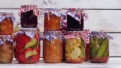 Glass jars with canned products.