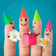 Finger art of friends. Group of children at birthday party.