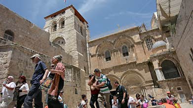 Pilgrims at the CChurch of the Resurrection in Jerusalem, Israel.