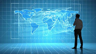 Businessman looking at a global business interface