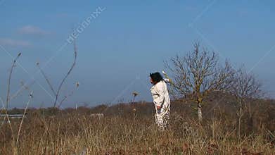 Crazy Woman Jumping And Skipping With Cut Tree