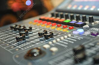 Audio mixer, music equipment. recording studio gears, broadcasting tools, mixer, synthesizer. shallow dept of field for music
