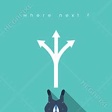 Business decision concept illustration with businessman standing in front of arrows. Career path choice or strategy.
