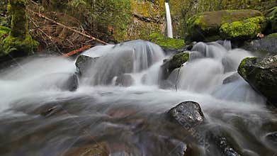 High definition movie of long exposure smooth water flowing over Dry Creek Falls in Cascade Locks Oregon Spring season 1080p