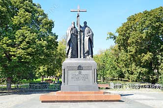 Moscow, Russia, August, 21,2016. Monument to Cyril and Methodius. Moscow, Slavyanskaya square