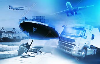 container truck ,ship in port and freight cargo plane in transport and import-export commercial logistic ,shipping business indus