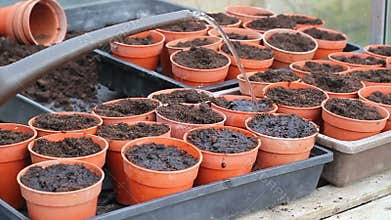 Watering pots close up with watering can.