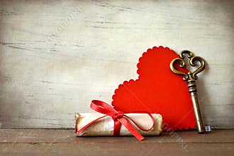Valentines Day card with heart, key and love letter