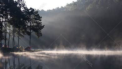Fog on the forest camping morning lake