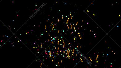 Animation of shooting colorful confetti paper, twisted ribbon, and element particle for holiday party and celebration decoration c
