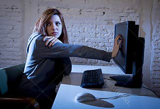 Female teenager abused suffering internet cyberbullying scared depressed in fear face expression