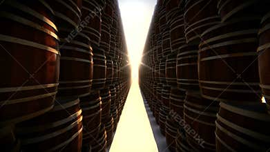 Stack of wooden barrels in storage