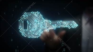 Businessman touching security key system, Find solution concept technology.