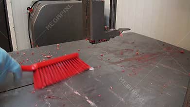 Cleaning meat slicer meat red brush