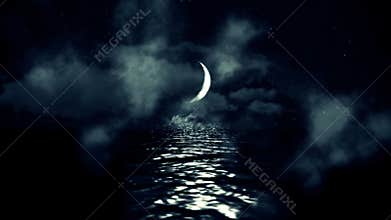 Magical Crescent Moon Above the Sea Reflecting on Water on a Cloudy Starry Night