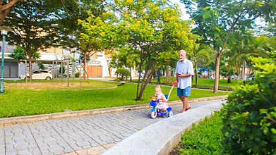 Grandpa Pushes Tricycle with Little Girl Reads Smartphone in Park