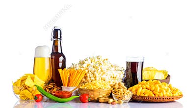 Junk Food and Beer on White Background