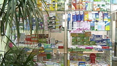 Panorama of medicines in pharmacies.